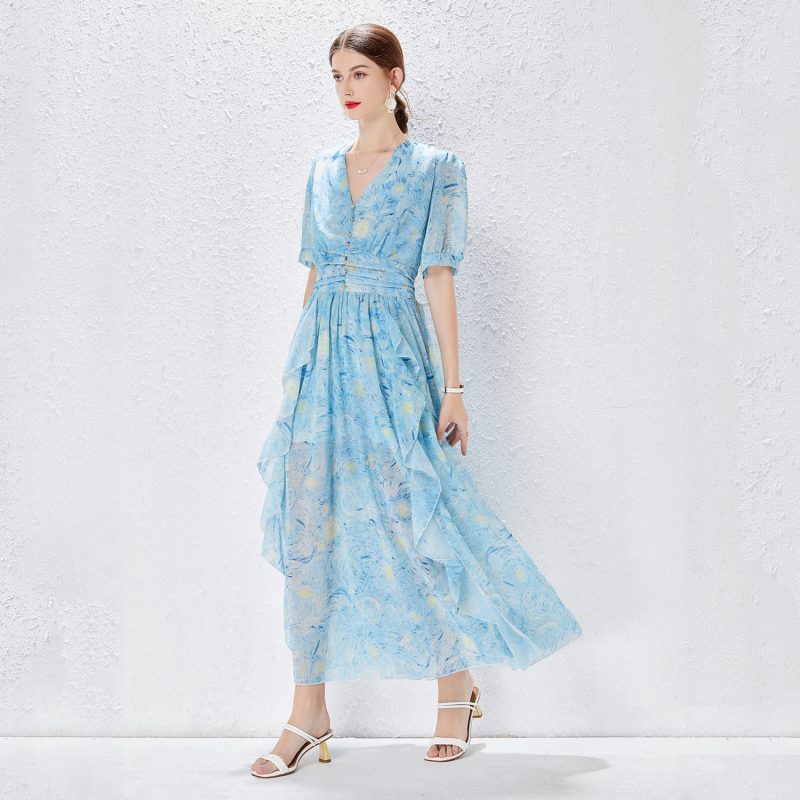 New V-neck Diamond Button Long Dress | Ruffled Waist - Image 3