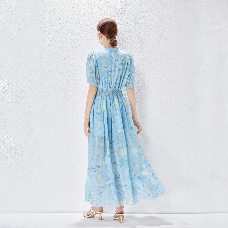 New V-neck Diamond Button Long Dress | Ruffled Waist - Image 4