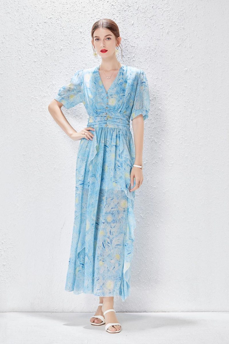 New V-neck Diamond Button Long Dress | Ruffled Waist - Image 5