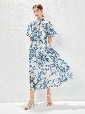 New Single Breasted Plant Printed Dress | Lotus Leaf Sleeve