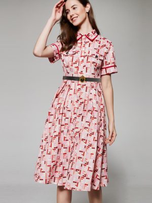 Elegant Pink Letter F Printed Dress | Single Breasted Mid Dress