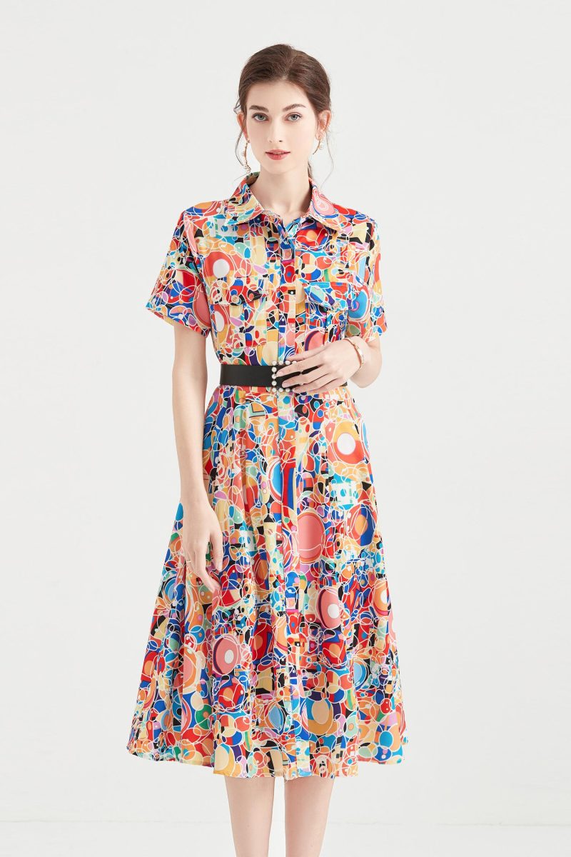 Lapel Shirt Dress, Color Letter Print - Image 4