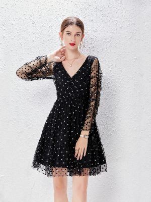 V-Neck Black Polka Dot Mesh Dress