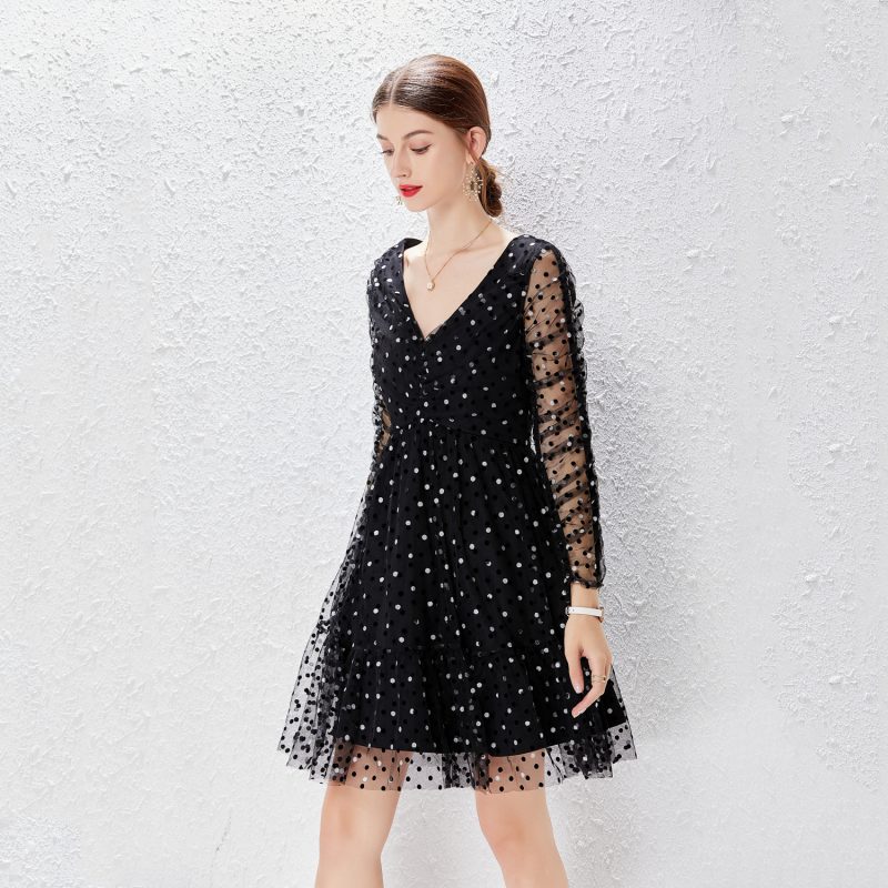 V-Neck Black Polka Dot Mesh Dress - Image 3