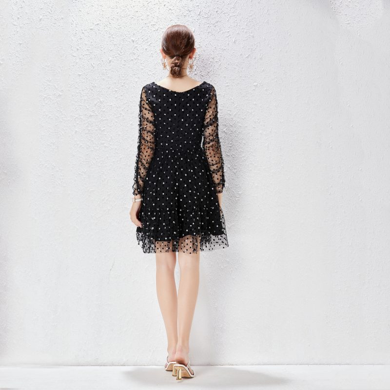 V-Neck Black Polka Dot Mesh Dress - Image 4