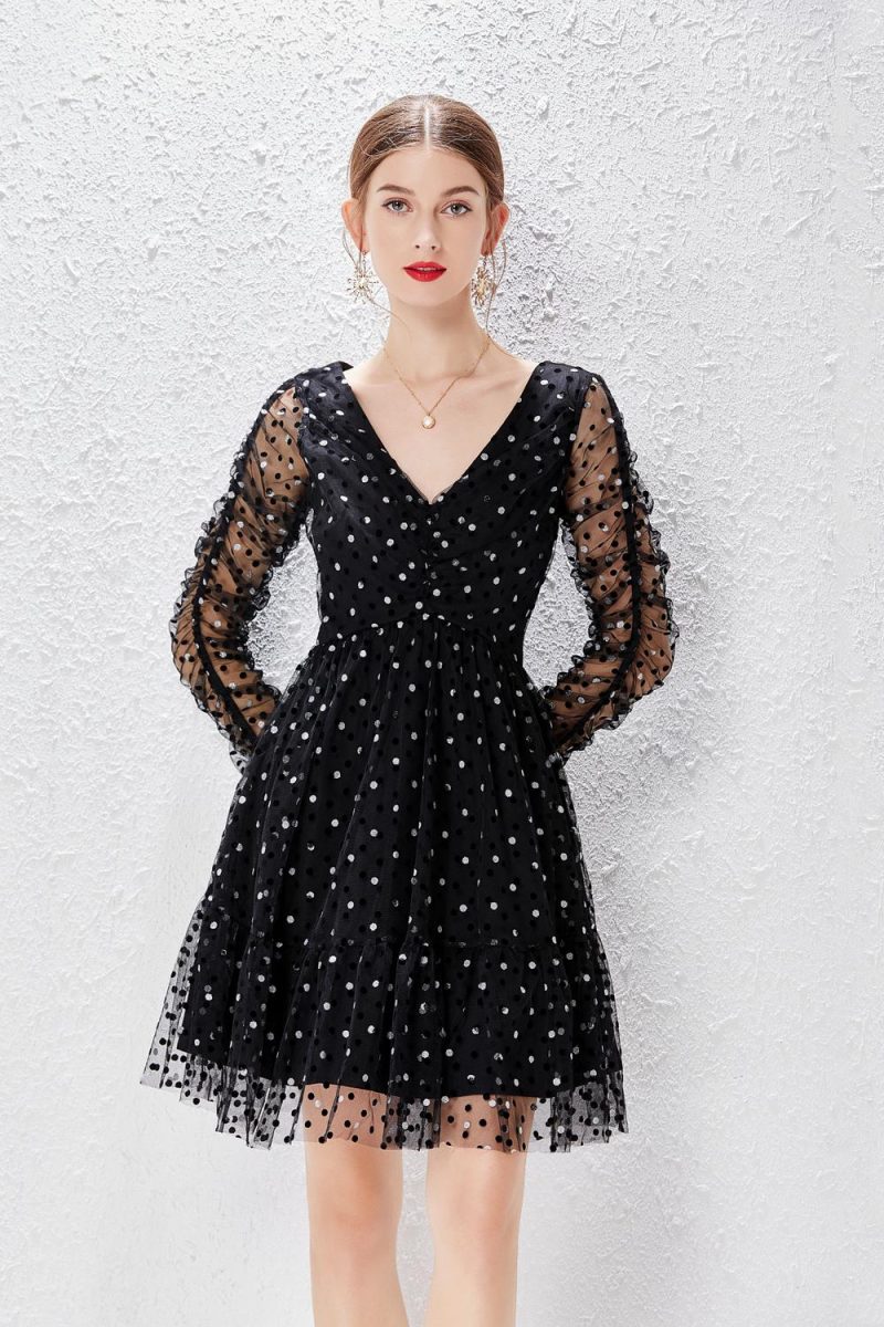 V-Neck Black Polka Dot Mesh Dress - Image 5