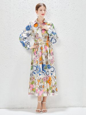 Printed Lapel Long Dress