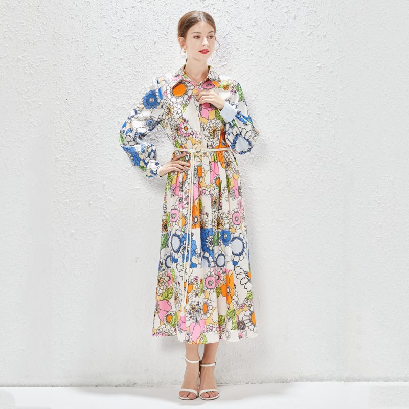 Printed Lapel Long Dress