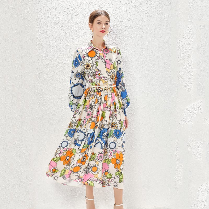 Printed Lapel Long Dress - Image 2