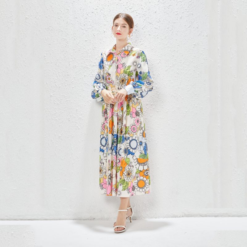 Printed Lapel Long Dress - Image 3