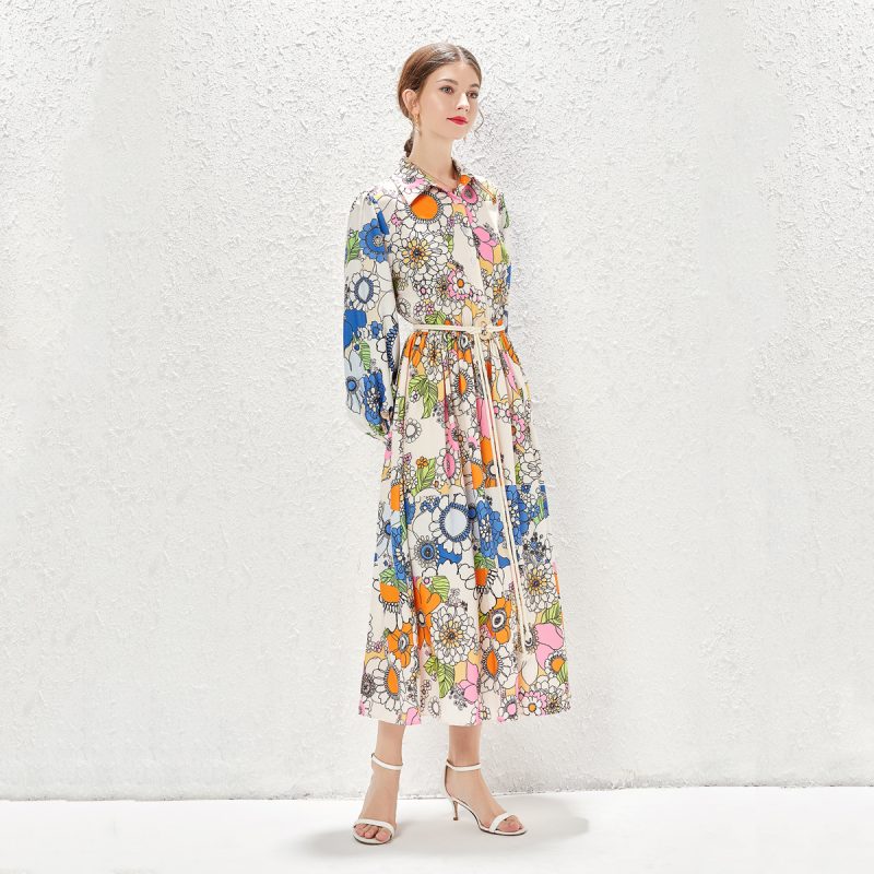 Printed Lapel Long Dress - Image 6
