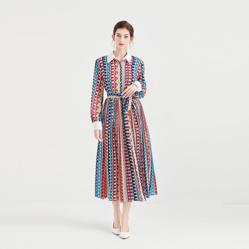 Lapel Chiffon Pleated Long Dress