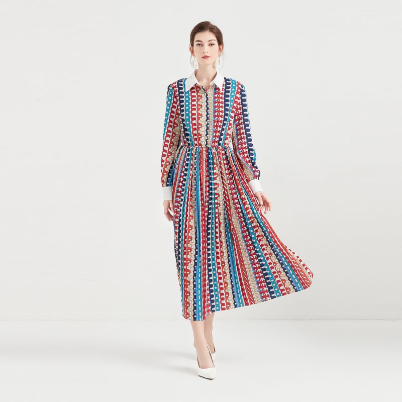 Lapel Chiffon Pleated Long Dress - Image 2
