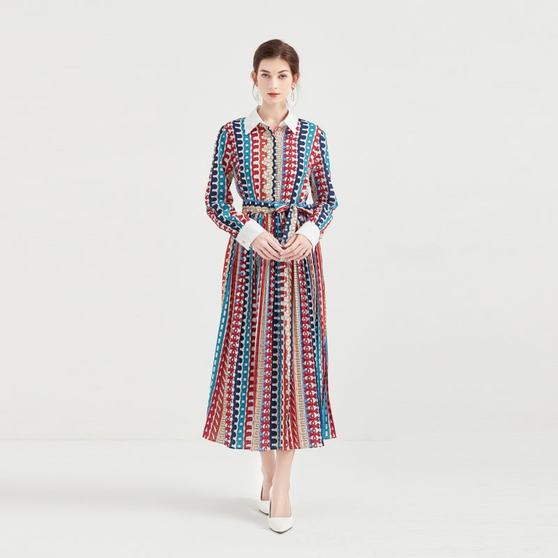 Lapel Chiffon Pleated Long Dress - Image 3