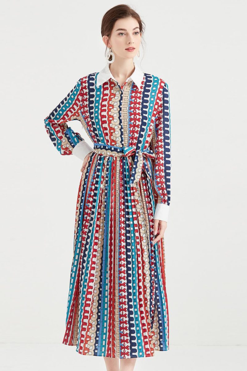 Lapel Chiffon Pleated Long Dress - Image 5