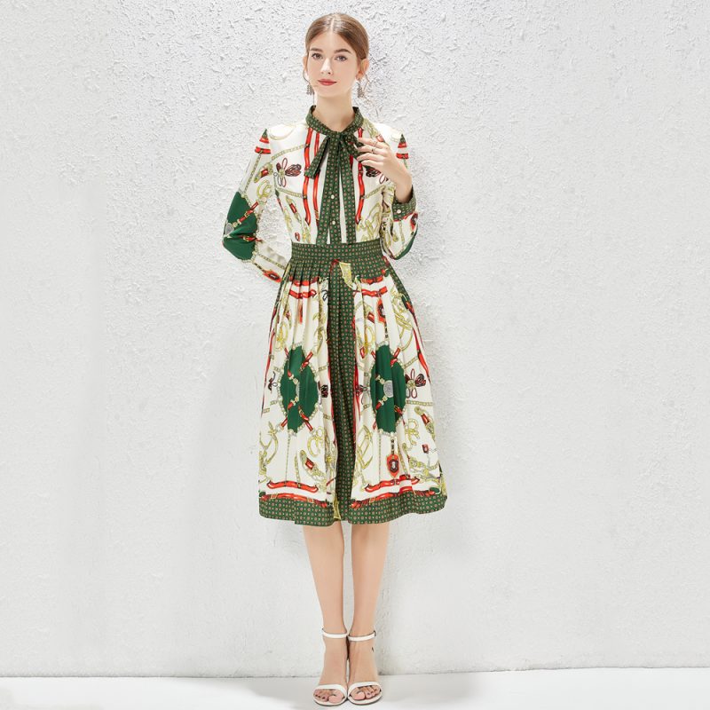 Lace-Up Bow Collar Retro Dress