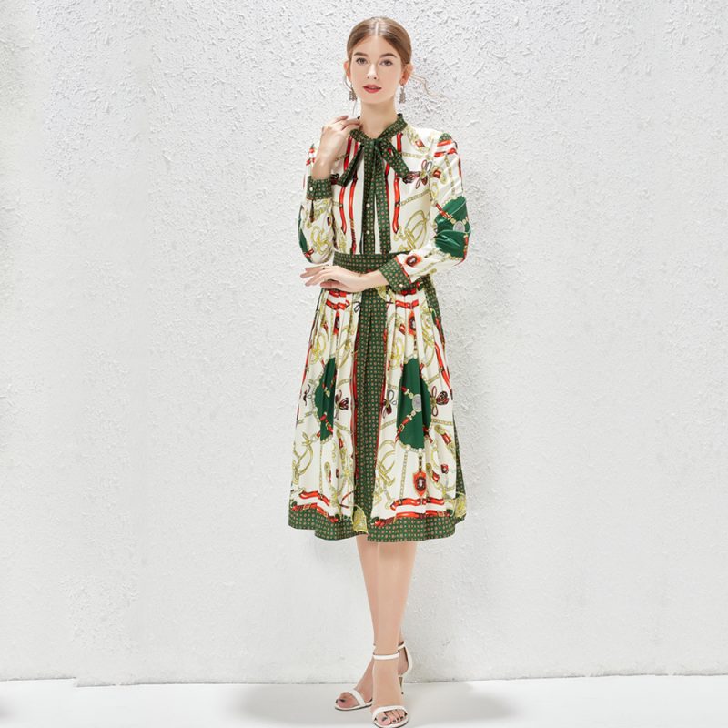 Lace-Up Bow Collar Retro Dress - Image 2