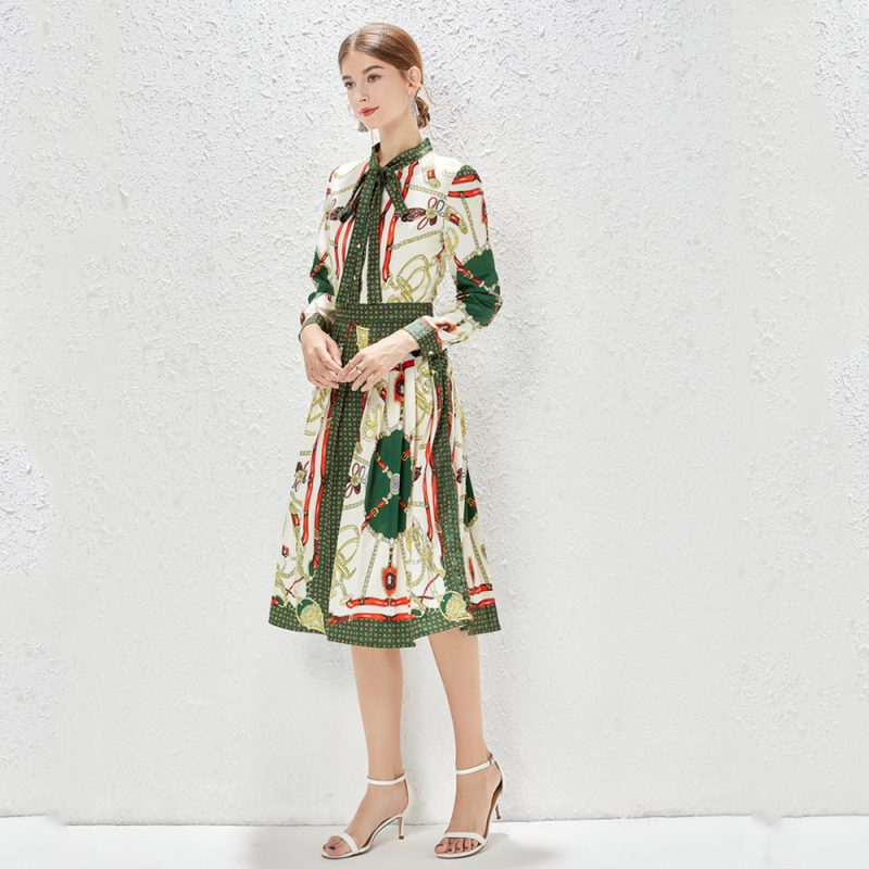 Lace-Up Bow Collar Retro Dress - Image 3