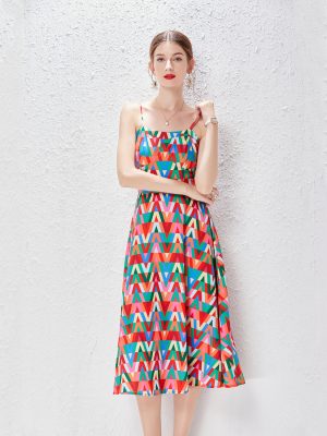 Color Letter Print Sling Dress | Summer Vacation with Belt