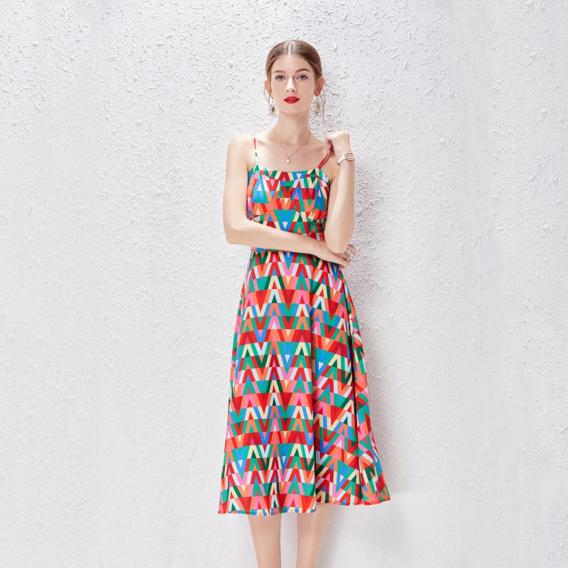 Color Letter Print Sling Dress | Summer Vacation with Belt