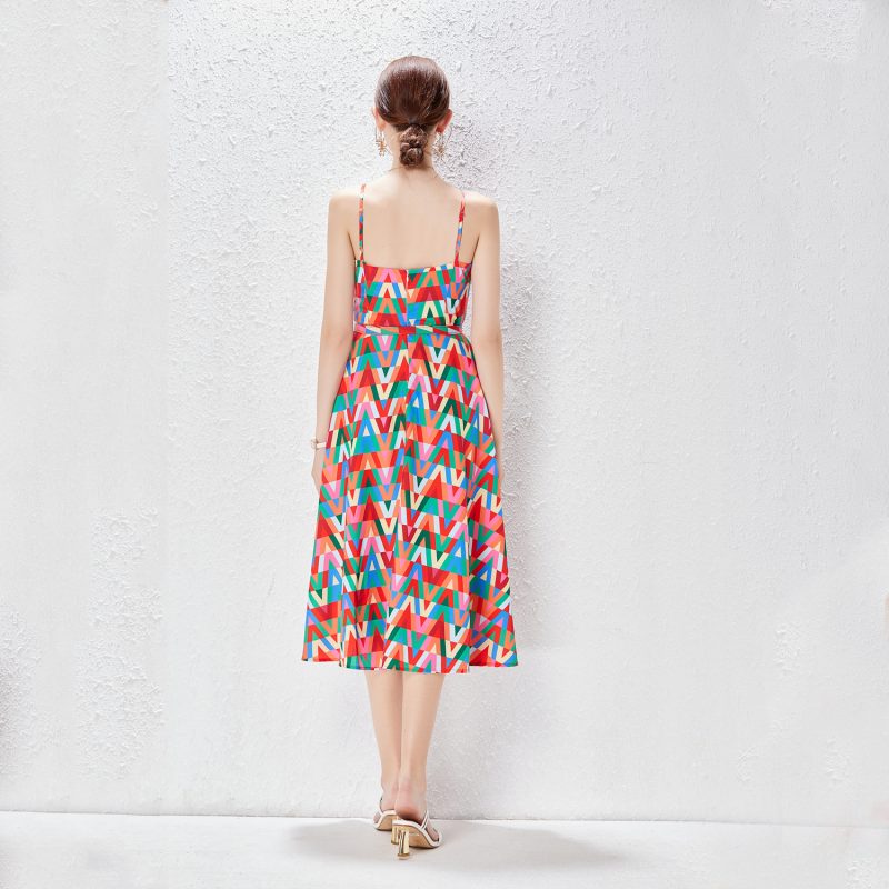 Color Letter Print Sling Dress | Summer Vacation with Belt - Image 2