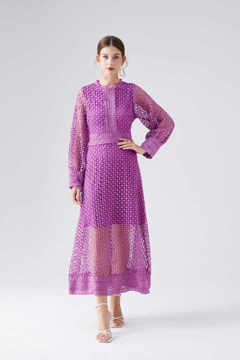 Lace Hollow Lantern Sleeve Dress - Image 2