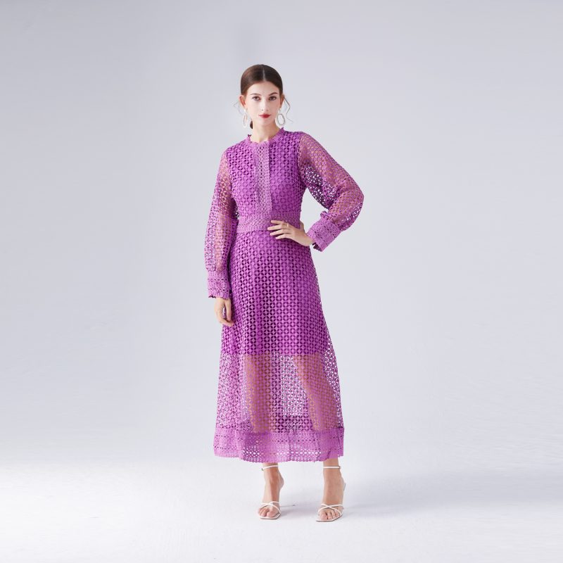 Lace Hollow Lantern Sleeve Dress - Image 3