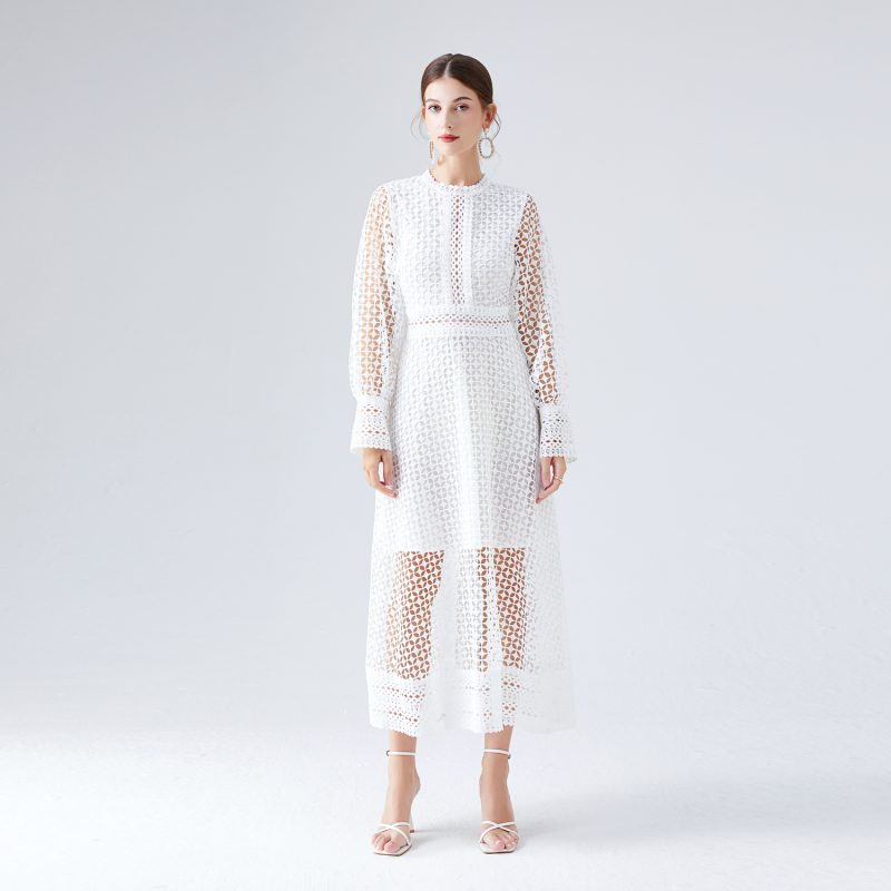 Lace Hollow Lantern Sleeve Dress - Image 4