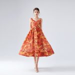 Printed Suspender Dress | Large Swing Mid-Length with Belt