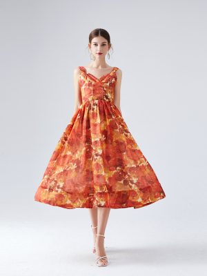 Printed Suspender Dress | Large Swing Mid-Length with Belt