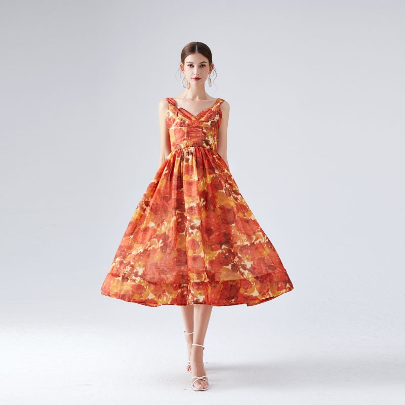 Printed Suspender Dress | Large Swing Mid-Length with Belt