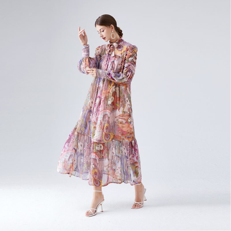 Lace Standing Collar Pleated Dress - Image 2