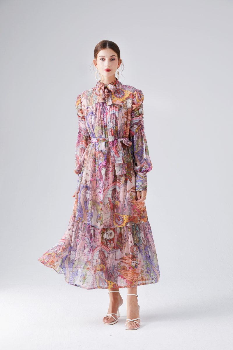 Lace Standing Collar Pleated Dress - Image 3
