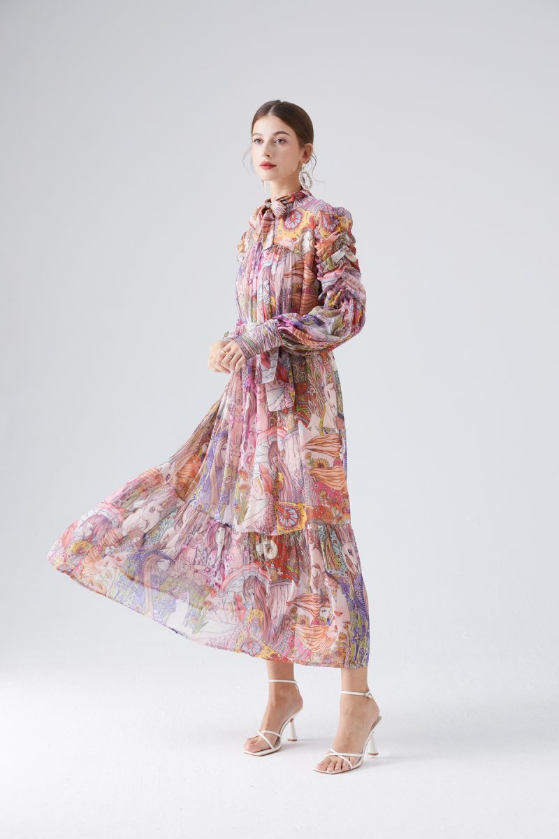 Lace Standing Collar Pleated Dress - Image 4