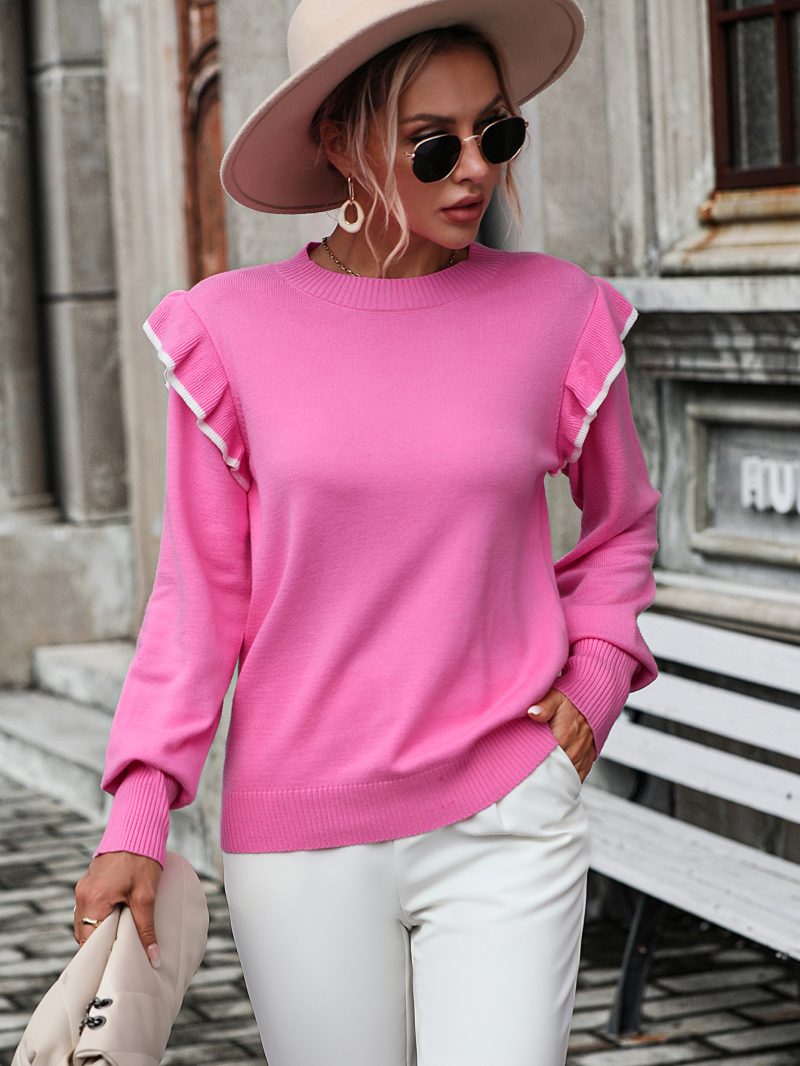 Ruffled Solid Color Knit Pullover - Image 4