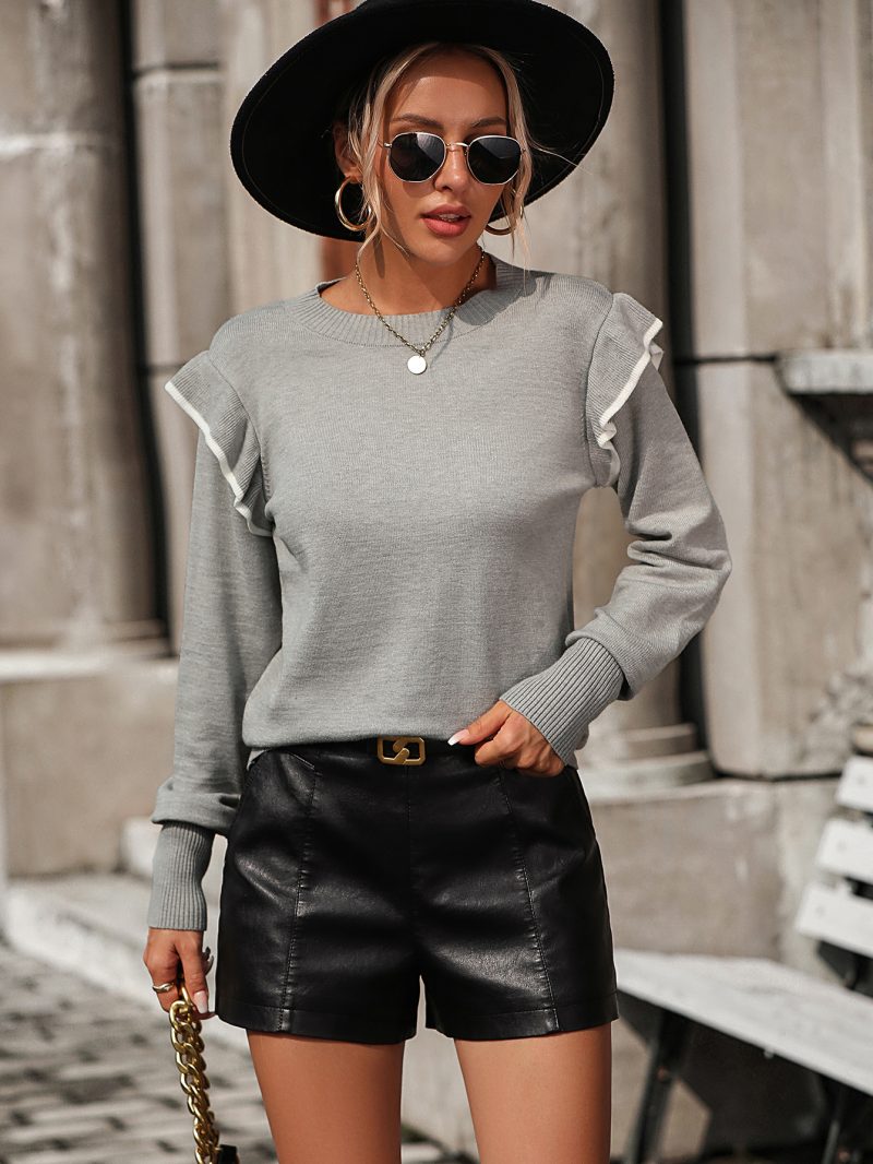Ruffled Solid Color Knit Pullover - Image 5