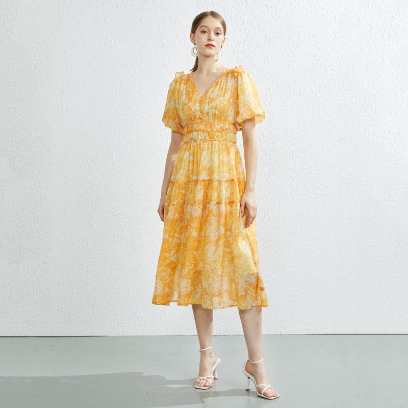 French Printed V-Neck Swing Dress