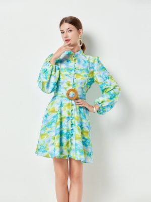 Green Printed Swing Dress | Vertical Collar & Pockets