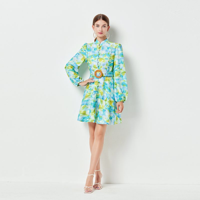 Green Printed Swing Dress | Vertical Collar & Pockets - Image 2