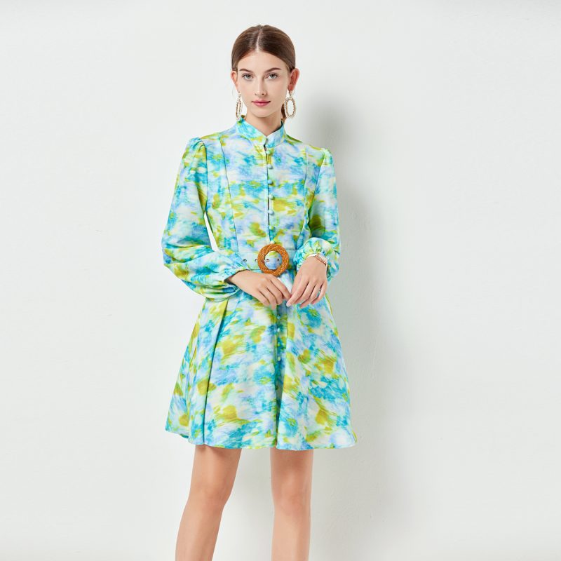Green Printed Swing Dress | Vertical Collar & Pockets - Image 3