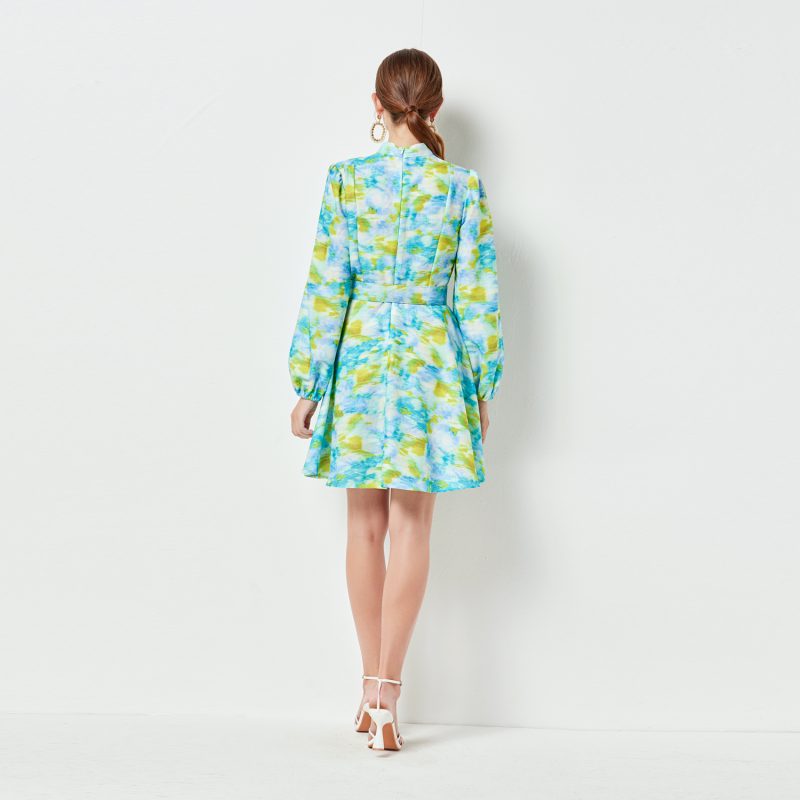 Green Printed Swing Dress | Vertical Collar & Pockets - Image 4