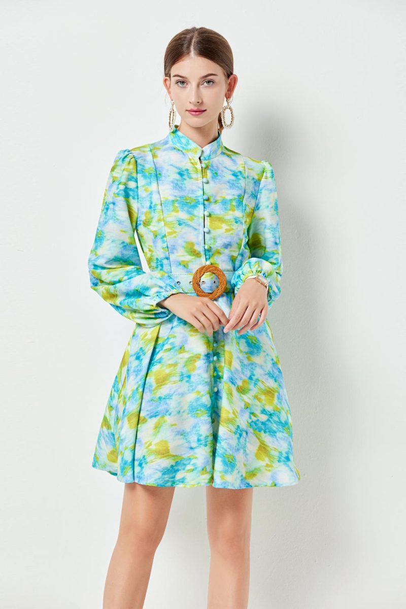 Green Printed Swing Dress | Vertical Collar & Pockets - Image 5