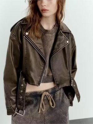 Winter Casual Washed Gradient Faux Leather Jacket