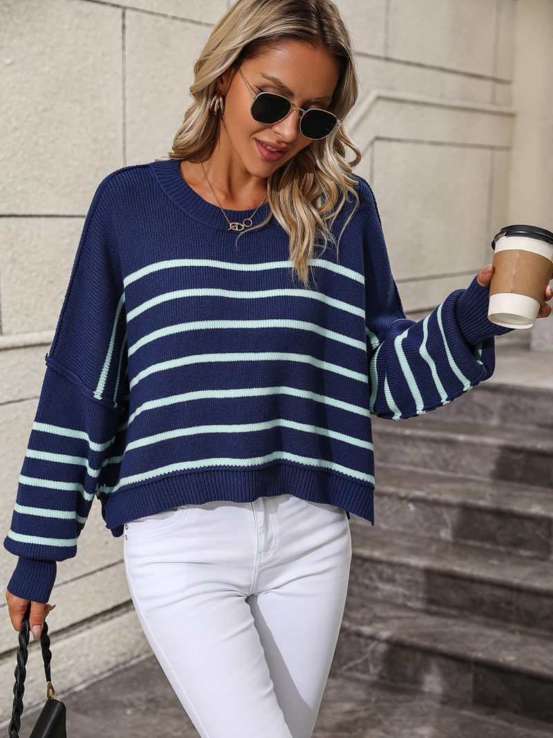 Round Neck Loose Stripe Sweater | Autumn Winter Knitwear - Image 4