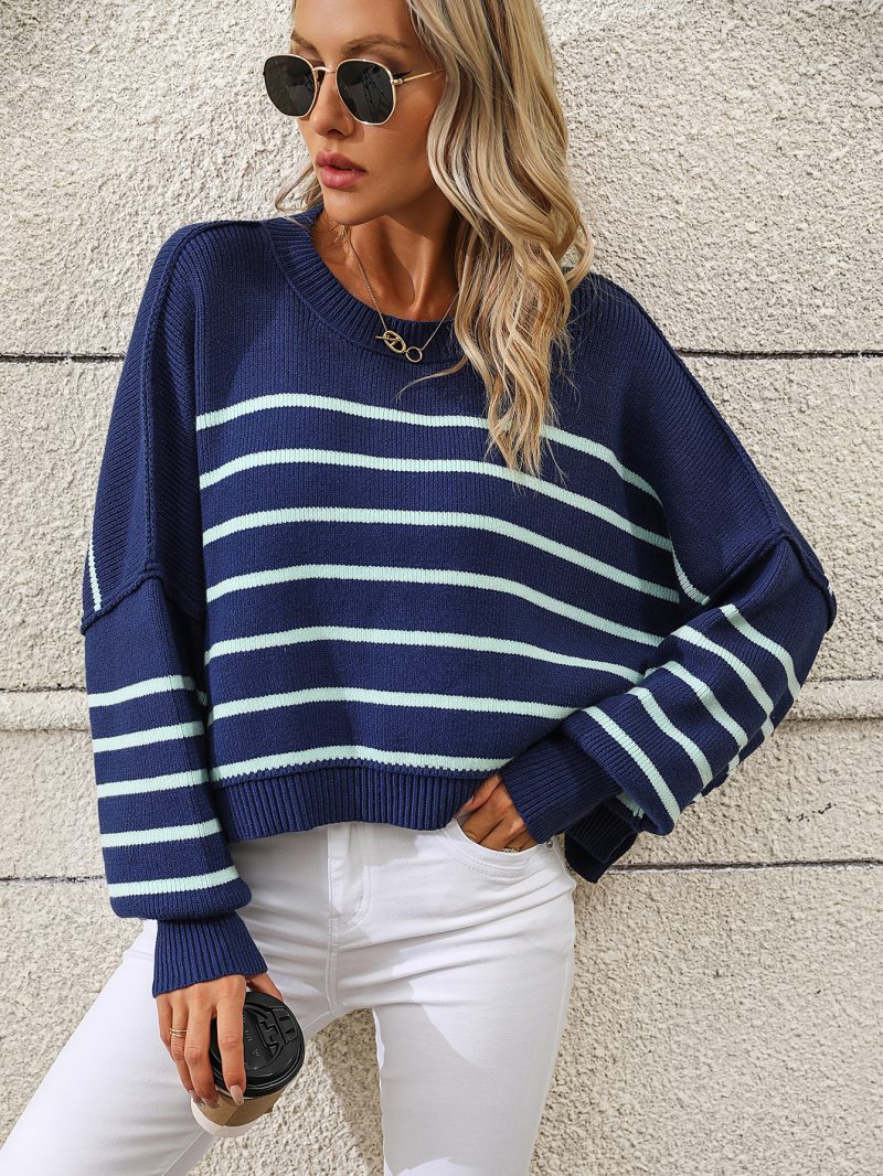 Round Neck Loose Stripe Sweater | Autumn Winter Knitwear - Image 5
