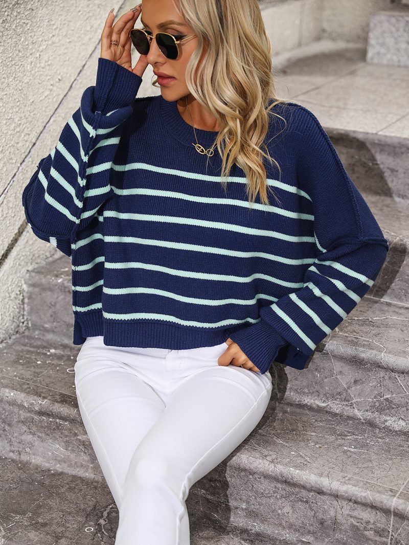 Round Neck Loose Stripe Sweater | Autumn Winter Knitwear - Image 6