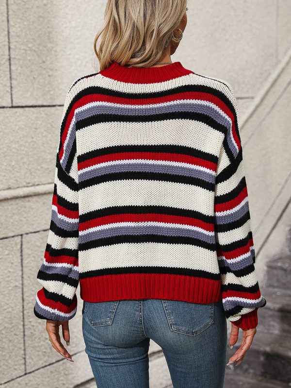 Autumn Winter Stitching Loose Round Neck Striped Sweater - Image 2