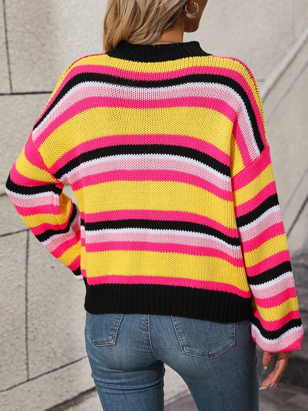 Autumn Winter Stitching Loose Round Neck Striped Sweater - Image 5