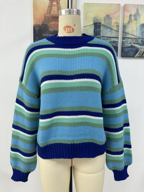 Autumn Winter Stitching Loose Round Neck Striped Sweater - Image 11