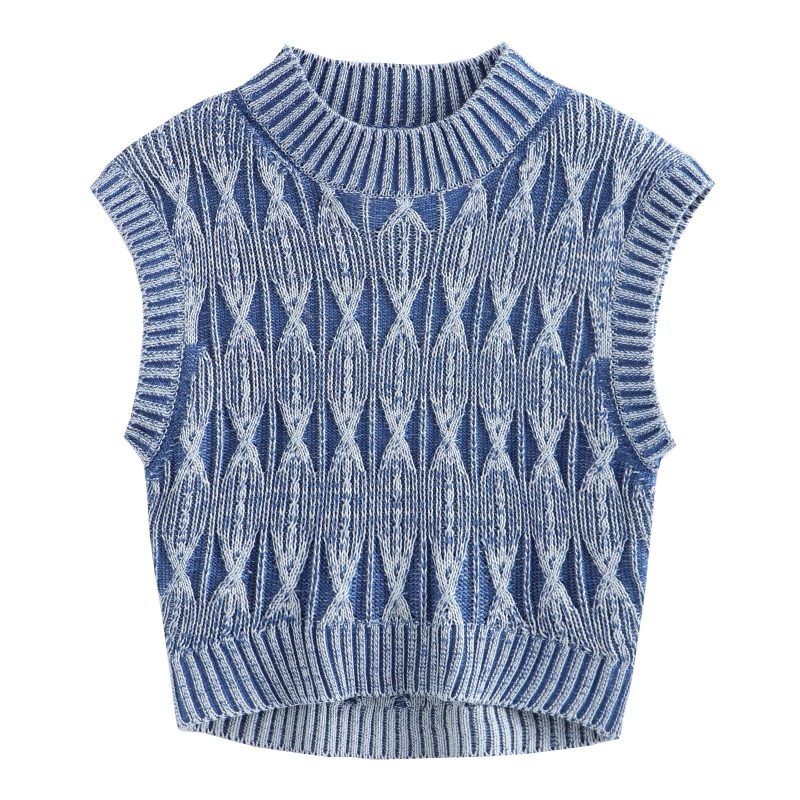 Washed Distressed Short Knitted Sweater Vest Jacket - Image 2